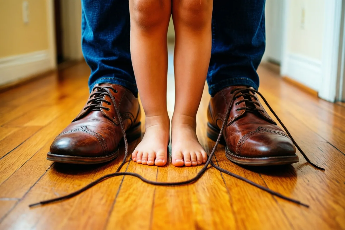 Blote kindervoeten staan tussen grote bruine leren schoenen van een vader op een houten halvloer, met een blauwe jeans in beeld.
