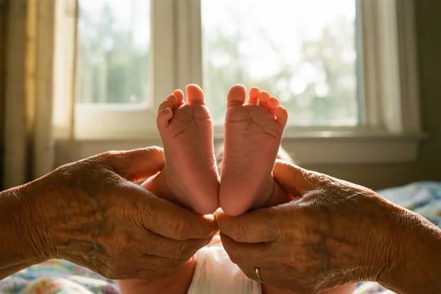 Een close-up toont gerimpelde, verweerde handen die kleine babyvoetjes voorzichtig vasthouden in warm zonlicht dat door een raam valt.