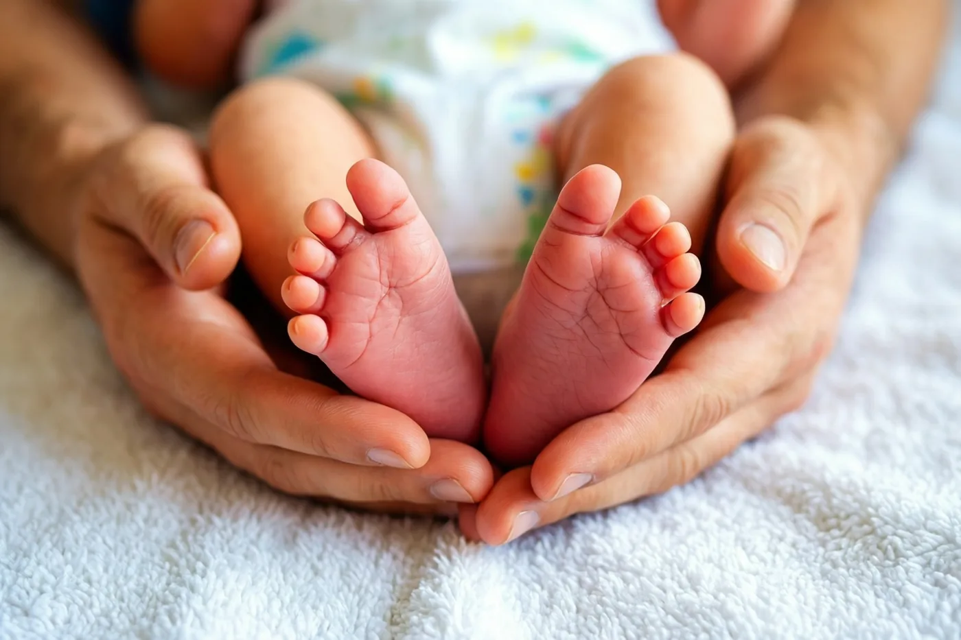 Twee kleine babyvoetjes liggen in de handen van een volwassene op een zachte witte deken.