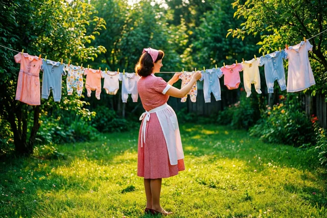 Een zwangere vrouw in een jurk uit de jaren vijftig en een schort hangt babykleertjes aan een waslijn in een zonnige, groene tuin met bomen.