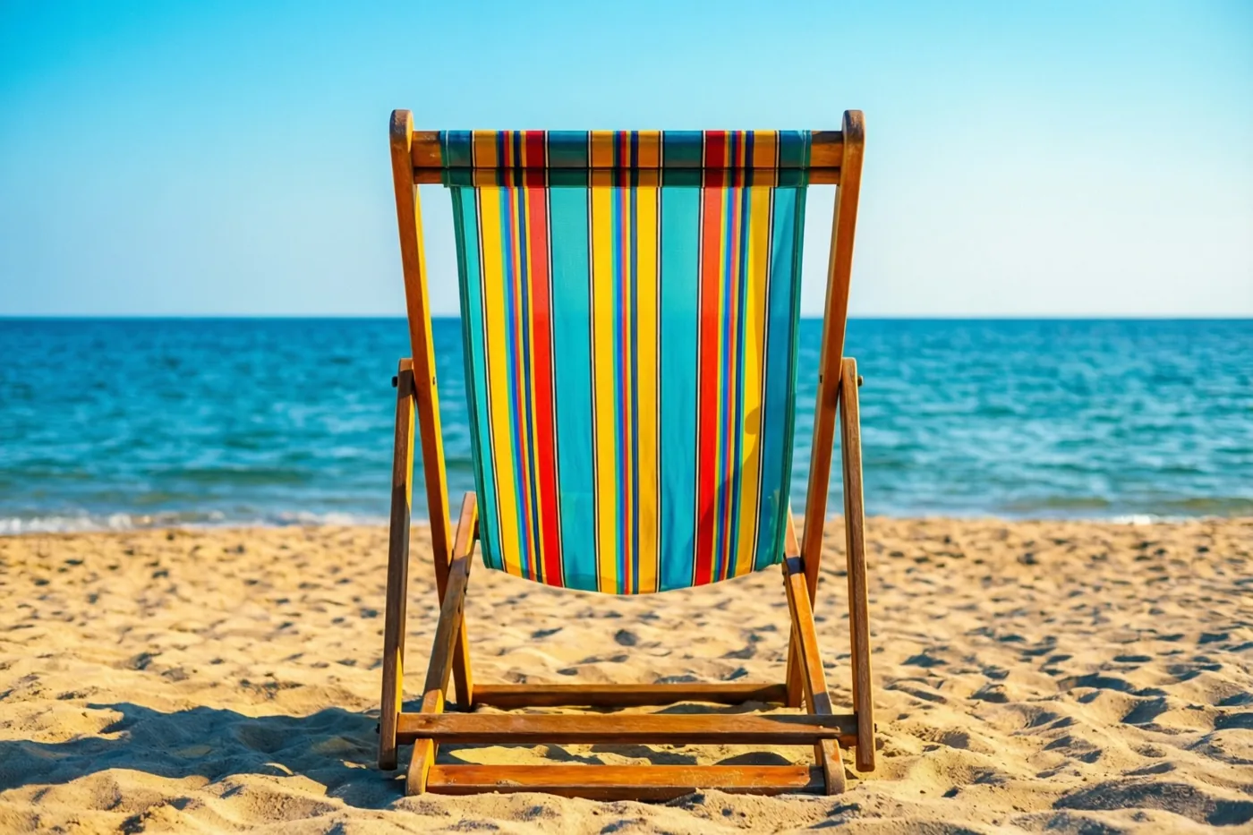 Een houten ligstoel met kleurrijk gestreepte stof staat op een zandstrand naar de zee gericht, onder een helderblauwe hemel.