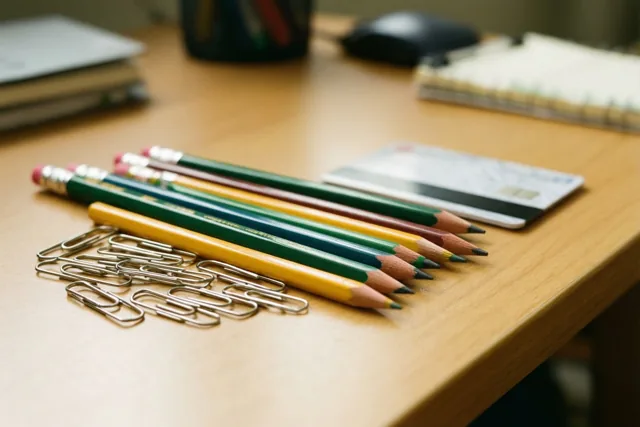 Kleurpotloden, paperclips en een toegangskaart liggen netjes op een houten bureau, van bovenaf gefotografeerd bij warm licht.