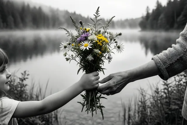 Een kinderhand biedt een volwassen hand een boeket wilde bloemen aan bij een mistig meer, waarbij de bloemen kleur hebben in een verder vrijwel monochroom beeld.