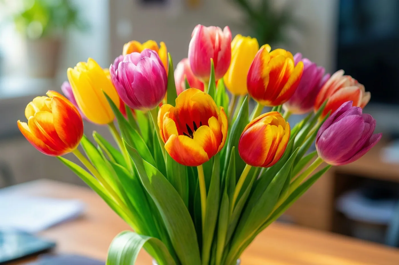 Een kleurrijk boeket tulpen staat op een houten bureau in helder licht voor een onscherpe achtergrond.