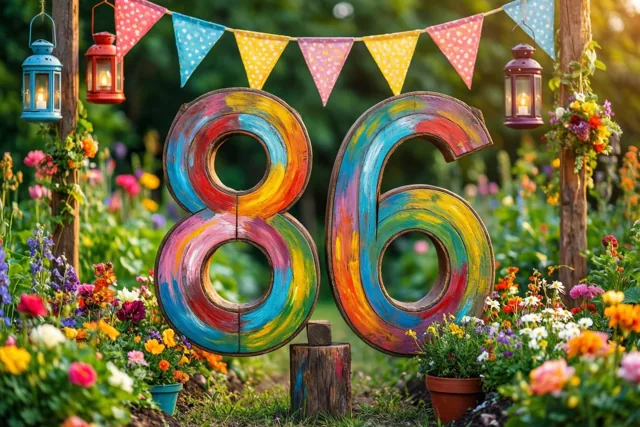 Een groot, kleurrijk beschilderd houten bord met 86 staat in een bloemrijke tuin met vlaggetjes en hangende lantaarns.