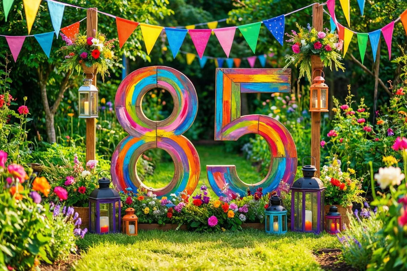 Een groot, kleurrijk beschilderd houten bord met 85 staat tussen vlaggenlijnen en lantaarns in een zonnige tuin met bloemen en groen.