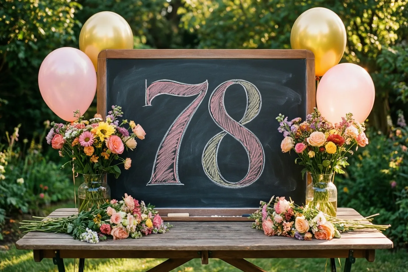 Een krijtbord met 78 in gekleurd krijt staat op een houten tuintafel tussen bloemstukken en ballonnen in een zonnige groene tuin.