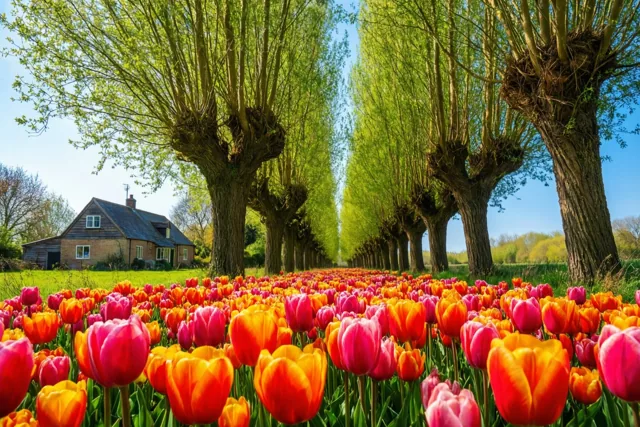 Een veld rode, roze en oranje tulpen ligt voor een hoeve in de verte, naast een rij frisgroene knotwilgen onder een helderblauwe lucht.