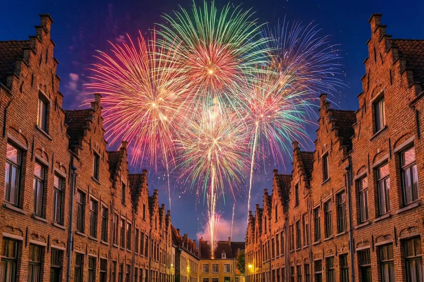 Rood, groen en blauw vuurwerk barst los boven een rij traditionele bakstenen huizen met trapgevels in een Vlaams dorp onder een diepblauwe nachthemel.