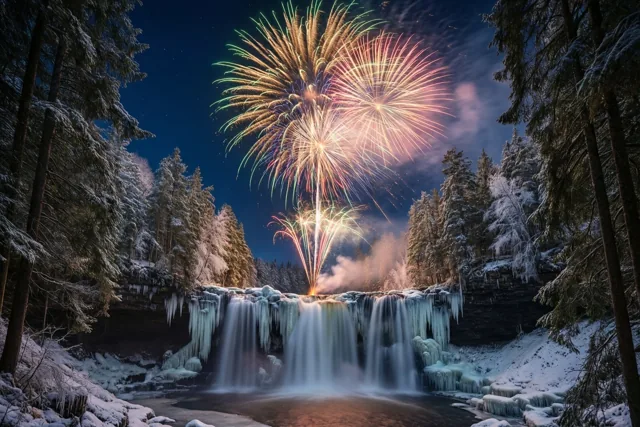 Kleurrijk vuurwerk verlicht een bevroren waterval in een nachtelijk bos, met besneeuwde bomen onder een donkerblauwe hemel.