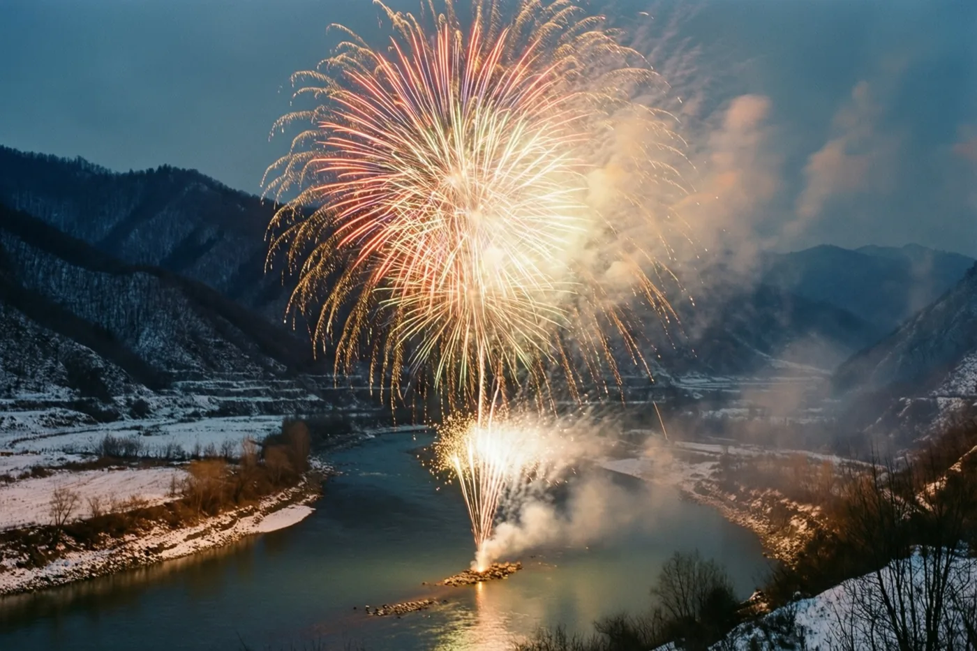 Oranje en geel vuurwerk spat bij schemering uiteen boven een kronkelende rivier tussen besneeuwde heuvels in blauwe en witte tinten.