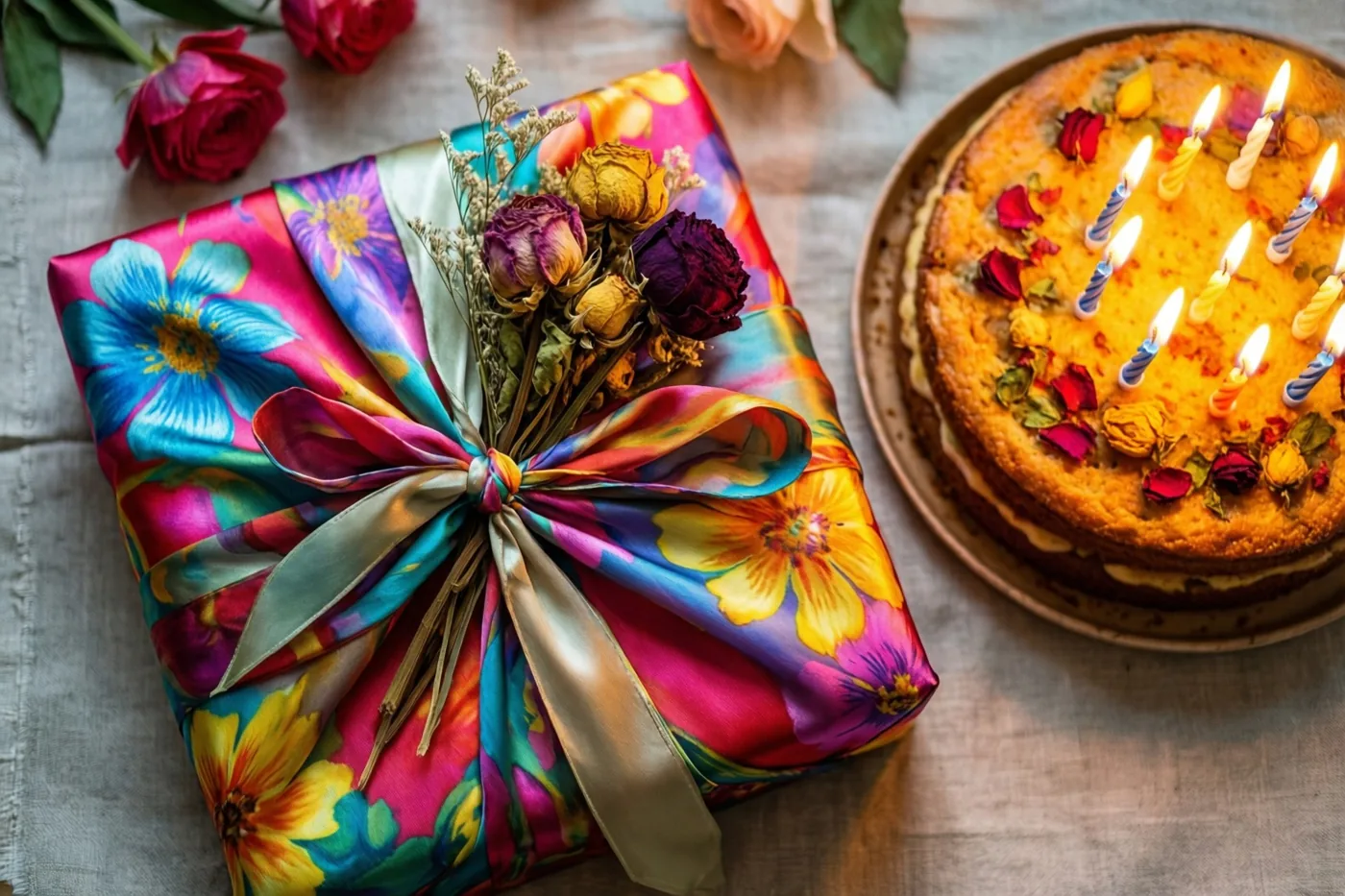Een cadeau in felgekleurde zijde met patronen en een boeketje droogbloemen ligt naast een gelaagde taart met brandende kaarsjes op linnen, in roze, blauwe en gele tinten.