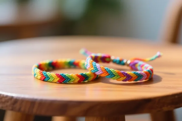 Twee kleurrijke vriendschapsarmbandjes met een zigzagpatroon liggen verstrengeld op een ronde houten tafel in zacht licht.