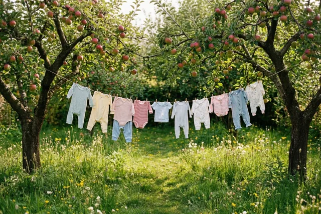 Kleurrijke babypakjes hangen aan een waslijn tussen twee appelbomen in een groene lentetuin met zacht zonlicht.