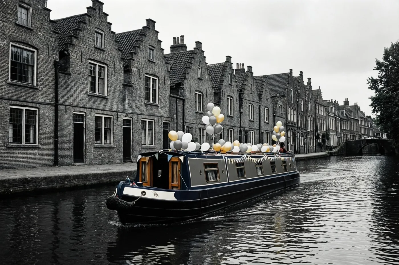 Een boot met ballonnen en vlaggetjes vaart langs historische gebouwen met trapgevels, waarbij de kleuren van de ballonnen afsteken tegen een gedempte, monochrome achtergrond.