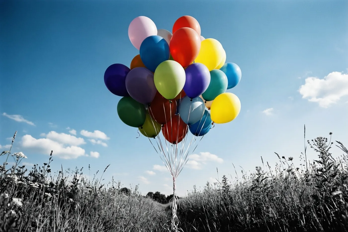 Kleurrijke ballonnen stijgen op tegen een helderblauwe lucht boven een weide in zwart-wit.