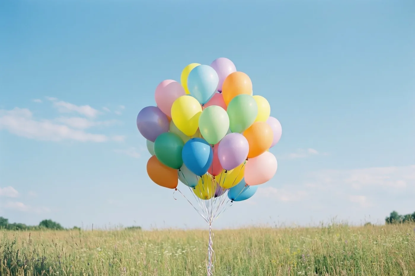 Kleurrijke ballonnen zweven boven een groene weide onder een heldere blauwe lucht.