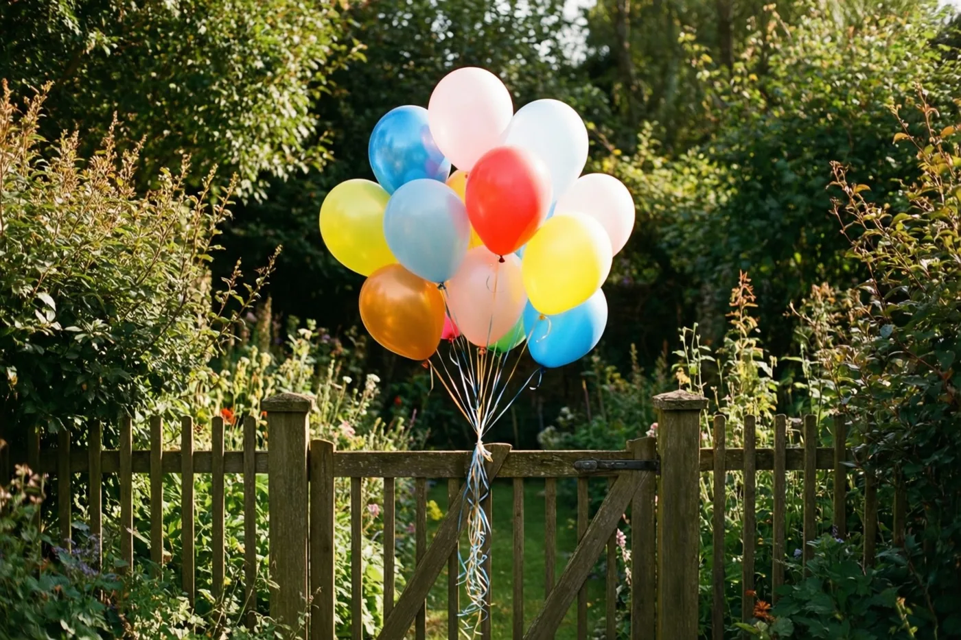 Een bos kleurrijke ballonnen is vastgebonden aan een houten tuinpoort tussen weelderig groen.