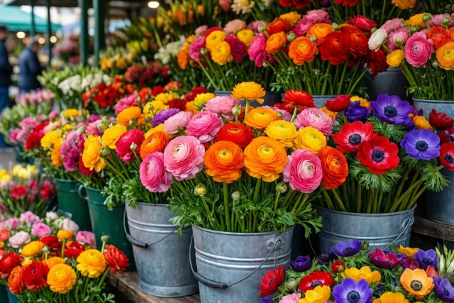 Bij een drukke bloemenkraam staan rijen metalen emmers met ranonkels en anemonen in felroze, oranje, geel en dieppaars.