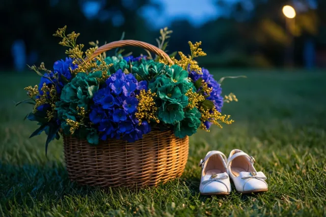 Een rieten mand vol blauwe en groene bloemen en gele takjes staat op gras naast kleine witte schoentjes, met een zachtblauwe schemerlucht en een straatlantaarn in de verte.