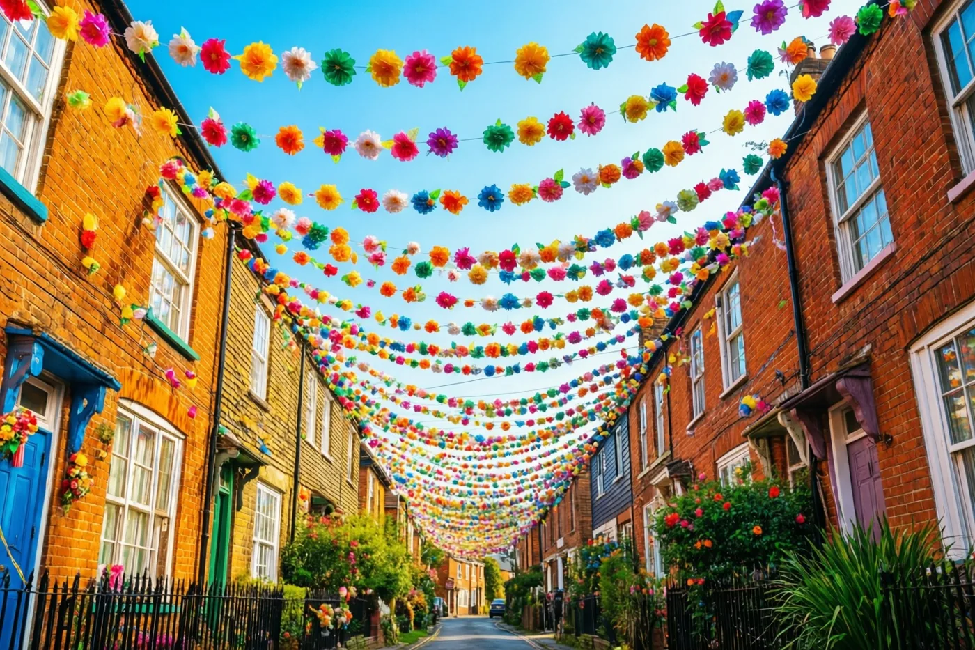 Kleurrijke papieren bloemenslingers hangen tussen bakstenen huizen in een smalle dorpsstraat onder een helderblauwe hemel.
