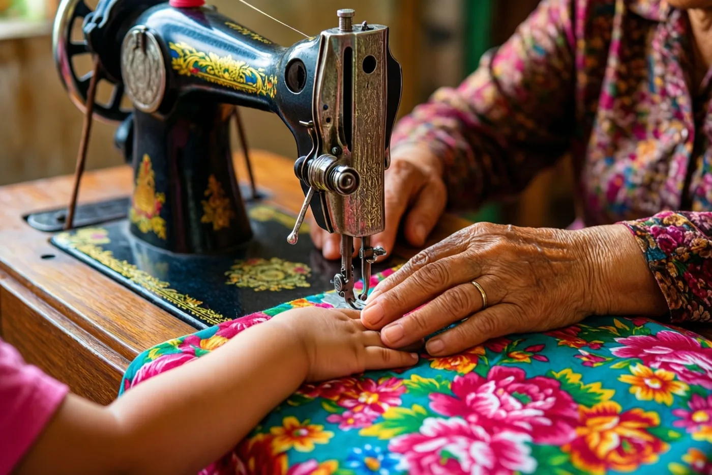De handen van een oudere vrouw begeleiden kinderhanden over kleurrijke bloemenstof op een oude zwarte naaimachine, in warm licht met blauwgroene, roze en gouden tinten.