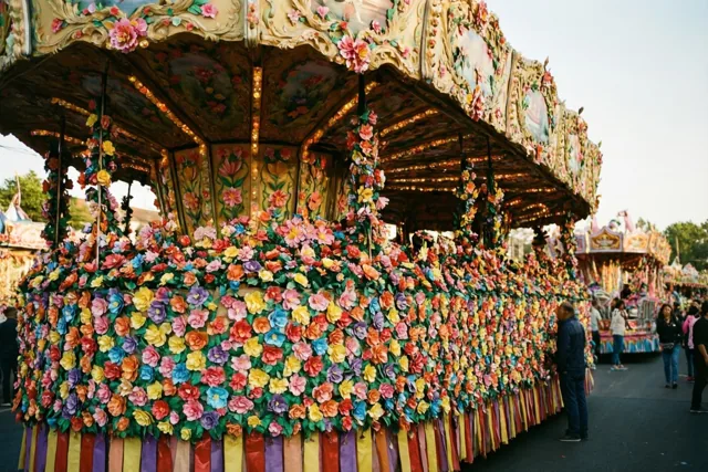 Een grote, rijk versierde praalwagen vol roze, gele, blauwe en paarse papieren bloemen staat onder een heldere lucht, met mensen in de verte.