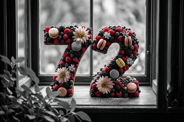 Een taart in de vorm van 72 met bessen, macarons en eetbare bloemen staat op een vensterbank, met een zwart-wit raamzicht en een plant op de voorgrond.