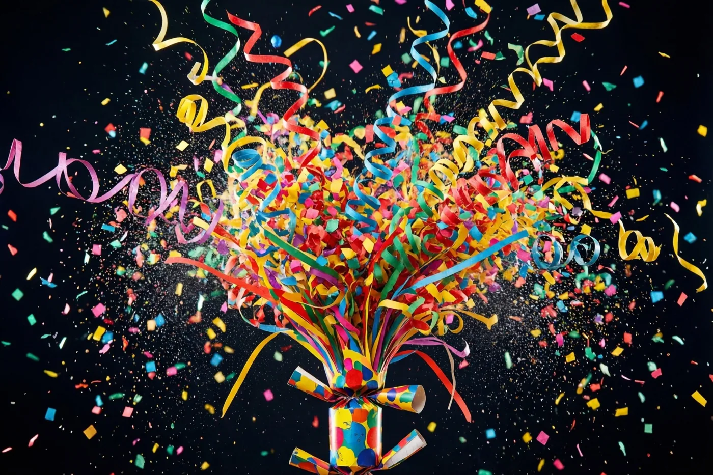 Uit een knalbonbon vliegen gekrulde papieren slingers en confetti in rood, geel, blauw en groen tegen een donkere achtergrond.