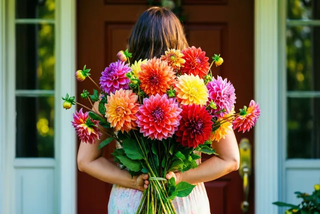 Een persoon met donker haar staat met de rug naar de camera aan een voordeur en houdt bij helder daglicht een groot, kleurrijk boeket dahlia's achter de rug.