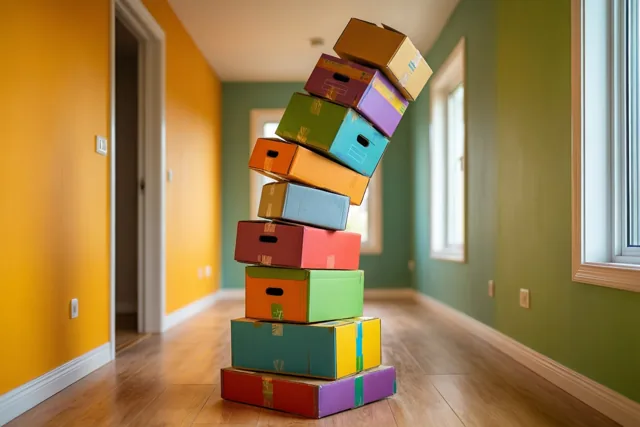 Een wankele toren kleurrijke verhuisdozen helt over in een gang met gele en groene muren.
