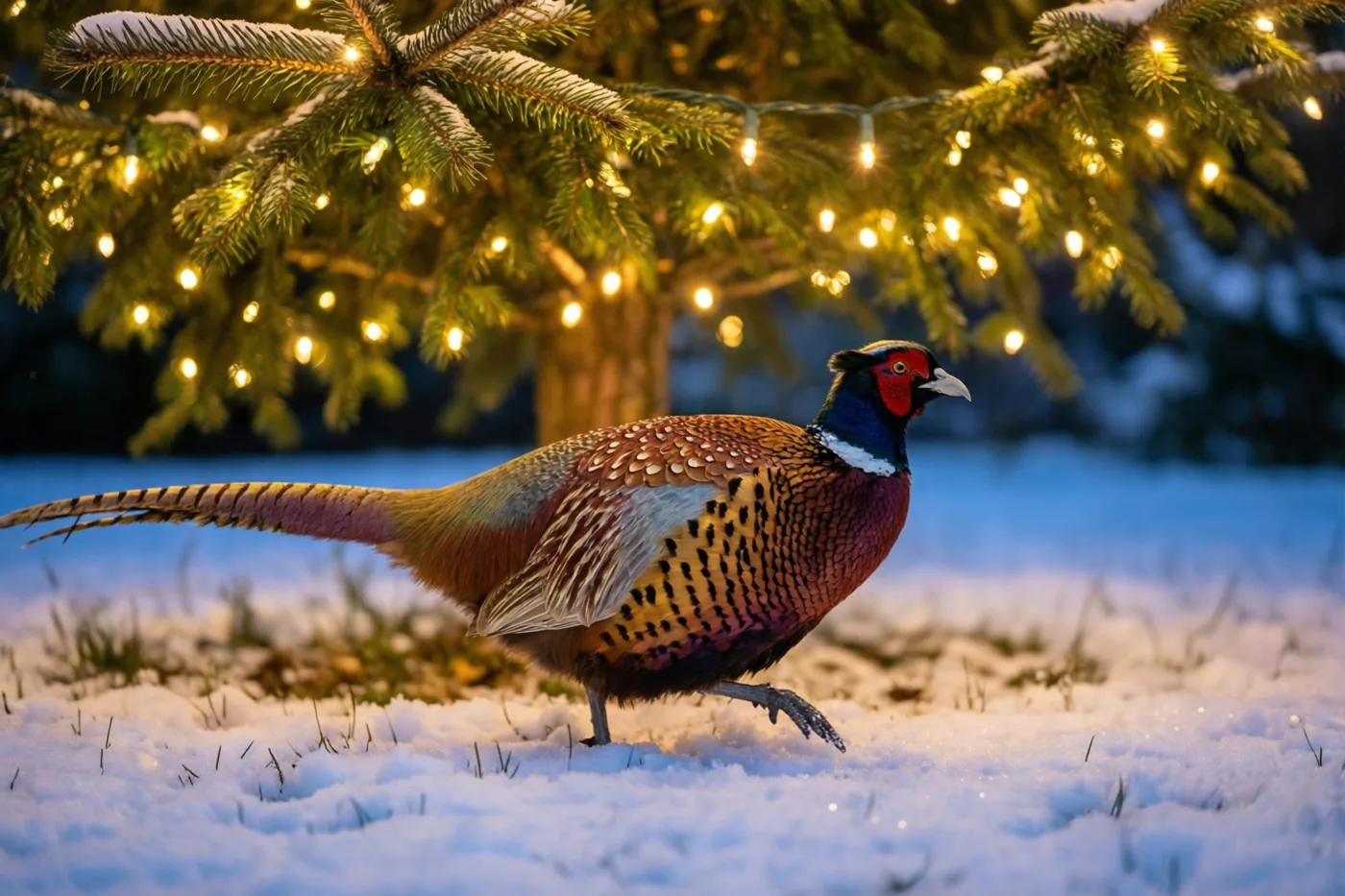 Een mannelijke fazant met rode, gouden en groene veren loopt in een besneeuwde tuin voor een dennenboom met warmgele kerstlichtjes in koelblauw avondlicht.