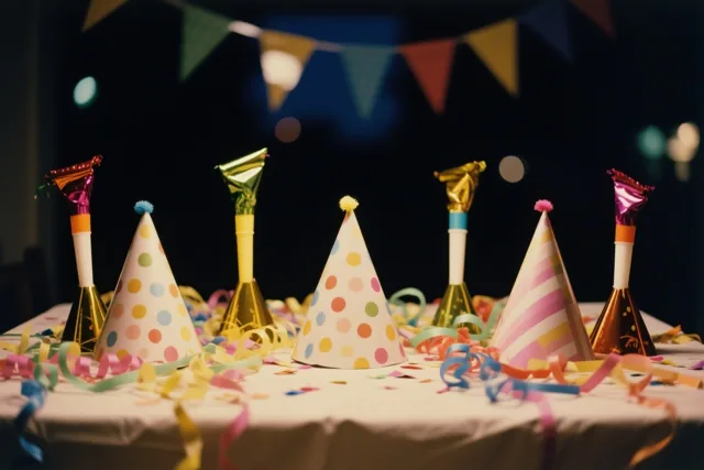 Kleurrijke feesthoedjes, slingers en toeters liggen op een tafel voor een donkere achtergrond met onscherpe feestvlaggetjes.