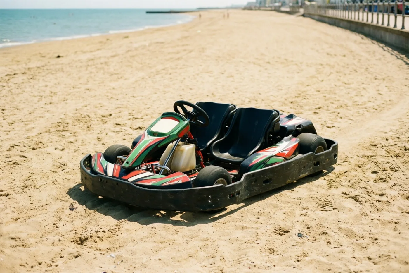 Een vierpersoonsgocart met rode, groene en witte accenten staat op een breed zandstrand langs een zeepromenade, met de zee op de achtergrond in fel zomerlicht.
