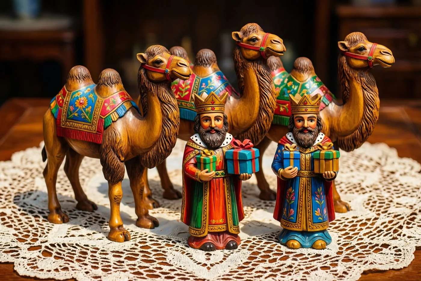 Handgesneden houten beeldjes van drie koningen met geschenken en kamelen met versierde zadels staan op een wit kanten kleedje, in warme rode, blauwe, groene en gouden tinten.