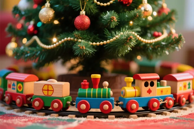 Een kleurrijke houten speelgoedtrein in oude stijl rijdt rond de voet van een versierde kerstboom, in warm licht met vooral rode, groene en gele tinten.