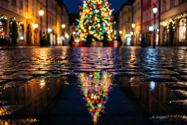 Een regenplas op donkere kasseien weerspiegelt een wazige kerstboom met kleurrijke lichtjes in een straat met warme straatlampen en kerstversiering bij nacht.