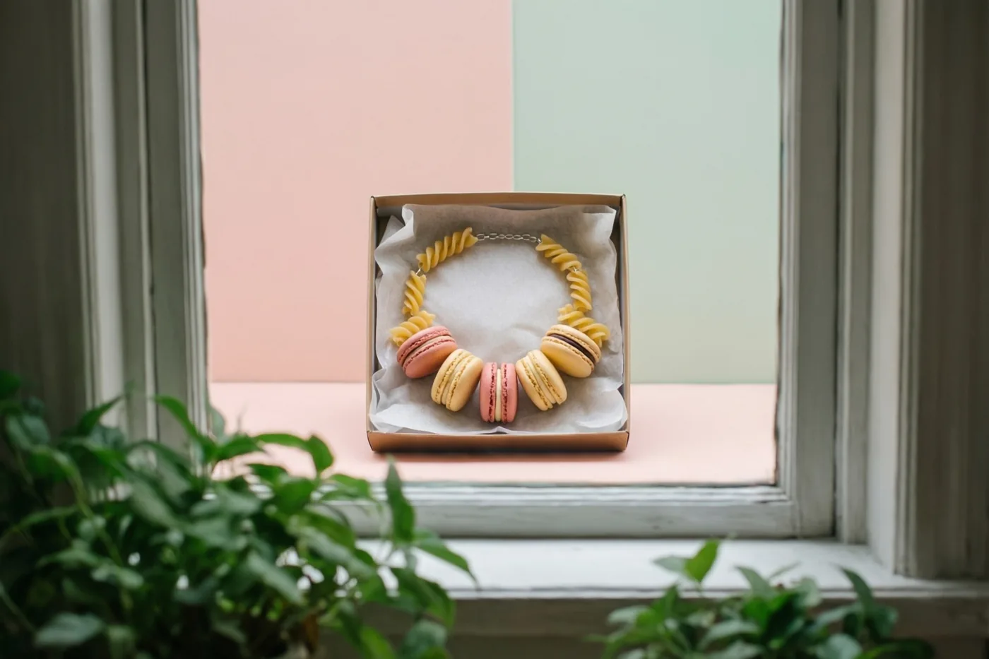 Een ketting van kleurrijke macaroni en macarons ligt in een kartonnen cadeaudoosje met zijdepapier op een vensterbank, tussen raamstijlen en groene planten met pastelroze en mintgroene muren buiten.
