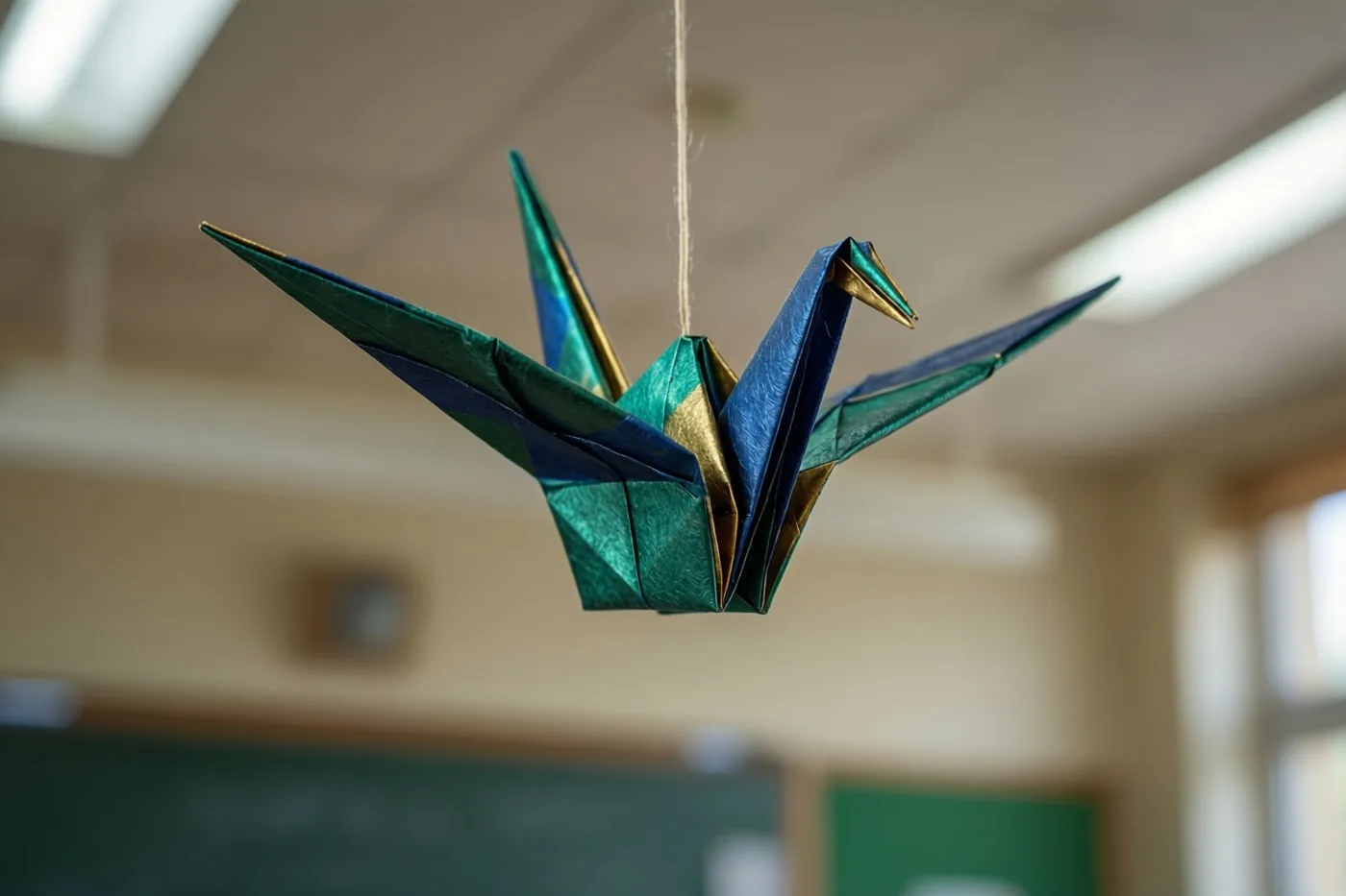 Een kleurrijke origamikraanvogel met groene, blauwe en gouden papiervouwen hangt aan een klasplafond en is van onderen gefotografeerd.