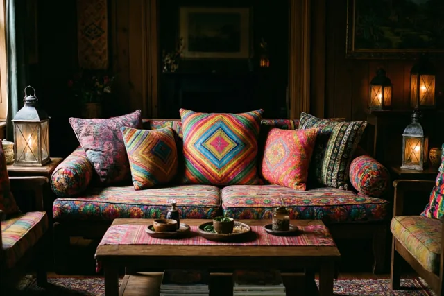 Een zetel met felgekleurde kussens met motieven staat in een woonkamer met houten accenten en brandende lantaarns op bijzettafels.