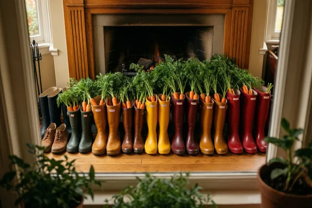 Een rij kleurrijke laarzen en regenlaarzen met in elke laars een wortel met loof staat op een houten schoorsteenmantel bij een haard.