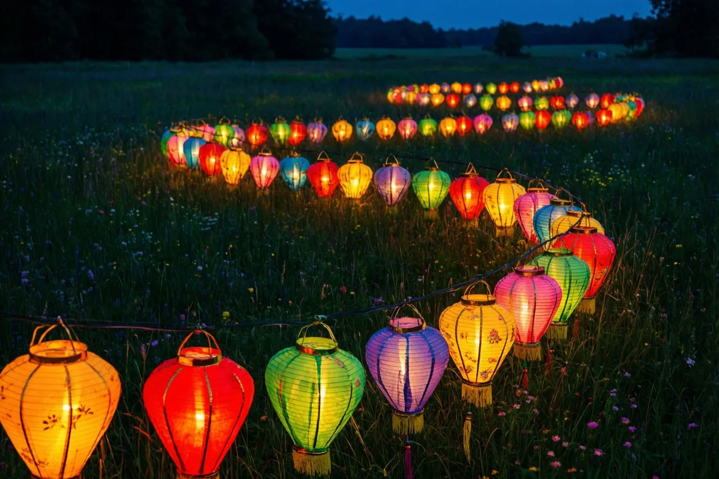 Een slingerende rij lichtgevende papieren lantaarns in verschillende kleuren verlicht een donkere weide bij schemering, met donkere bomen op de achtergrond.
