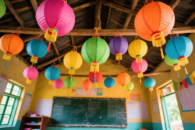 Handgemaakte papieren lampionnen in roze, oranje, groen, blauw en geel hangen aan het houten plafond van een dorpsklas.