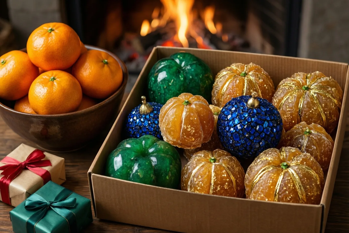 Een doos kleurrijke marsepeinen vruchten, een kom mandarijnen en kleine ingepakte cadeautjes staan voor de warme gloed van een haard in oranje, donkergroene en gouden tinten.