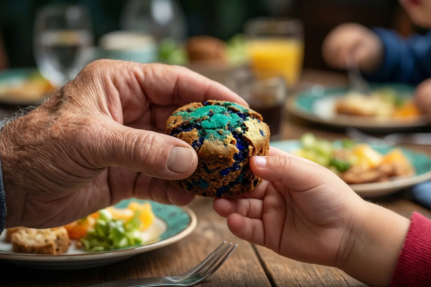 Een oudere hand geeft een kleurrijke muffin aan een kleine kinderhand boven een houten ontbijttafel, in warme bruine, blauwgroene en rode tinten.