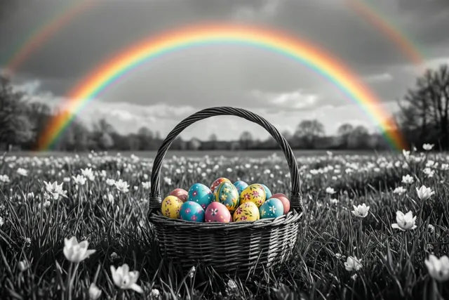 Een rieten mand met kleurrijke paaseieren staat tussen witte bloemen onder een regenboog in een bewolkte lucht, met de eieren en regenboog in kleur tegen een zwart-witte achtergrond.