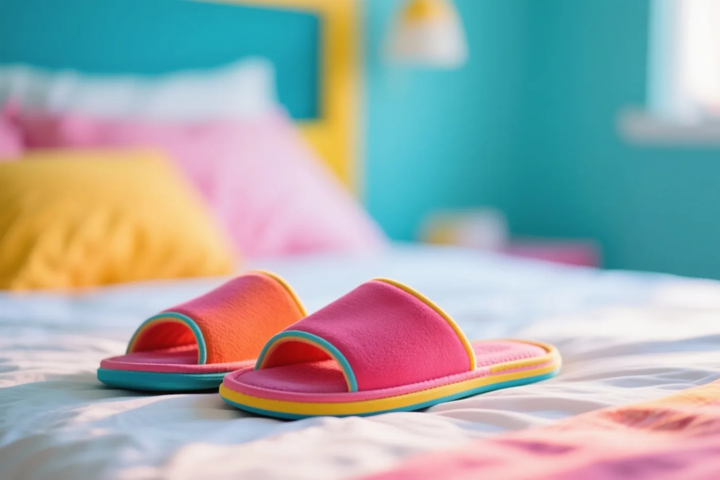 Een paar kleurrijke pantoffels ligt op een bed in een heldere slaapkamer met roze, gele en blauwgroene tinten.