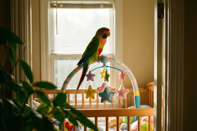 Een kleurrijke papegaai zit op een babymobiel met pastelkleurige vilten sterren boven een houten babybed, in zacht daglicht van een raam.