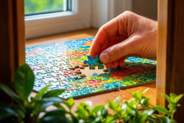 Een hand legt het laatste stukje in een kleurrijke legpuzzel op een houten oppervlak bij een raam, met houten randen en groene planten op de voorgrond.