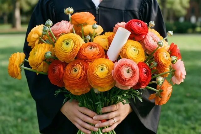 Een persoon in een zwarte afstudeertoga houdt een kleurrijk boeket ranonkels in geel, oranje en rood met een opgerold diploma vast op een gazon met bomen erachter.